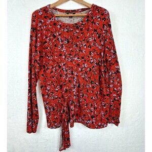 Simply Vera Floral Long Sleeve Sweater‎ Red Black Gray Faux Tie Waist XL